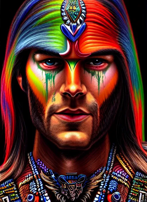 Image similar to portrait of jared padalecki, hyper detailed ultra sharp aztec shaman warrior. trending on artstation, warpaint aesthetic, bloodwave, colorful, psychedelic, ornate, intricate, digital painting, concept art, smooth, sharp focus, illustration, art by artgerm and greg rutkowski and h. r. giger, 8 k