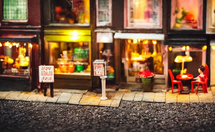 Prompt: miniature cafe diorama macro photography, cafe for mice, alleyway, ambient, atmospheric, british, bokeh, romantic, colorful paper lanterns