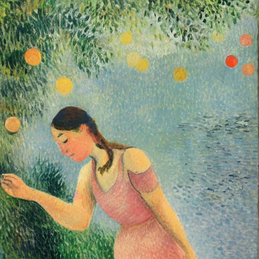 Prompt: young woman dreaming of bubbles and fish, concept art, gouache, camille pissarro