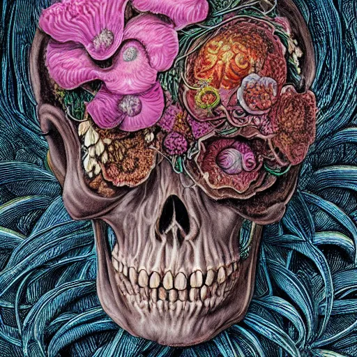 Prompt: a beautiful detailed rococo portrait of a rotten woman corpse becoming almost a skull with face muscles, veins, arteries, fractal plants and fractal flowers and mushrooms growing around, intricate, ornate, volumetric light, beautiful lit, beetlejuice