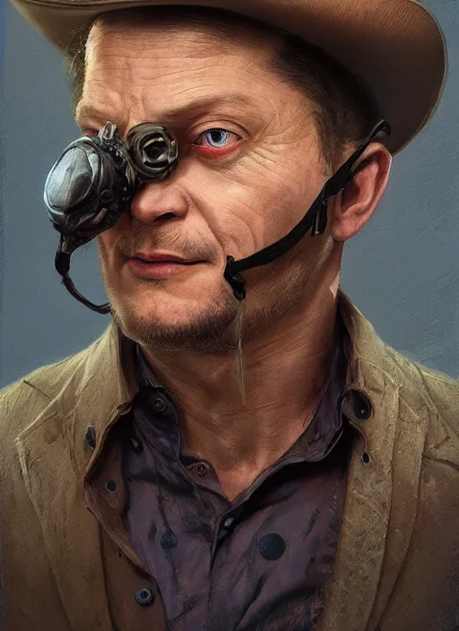 Prompt: Portrait Tim Robinson (from I Think You Should Leave) in a cowboy hat and eye mask disguise, marvel comics, dark, intricate, highly detailed, smooth, artstation, digital illustration by Ruan Jia and Mandy Jurgens and Artgerm and Wayne Barlowe and Greg Rutkowski and Frank Frazetta