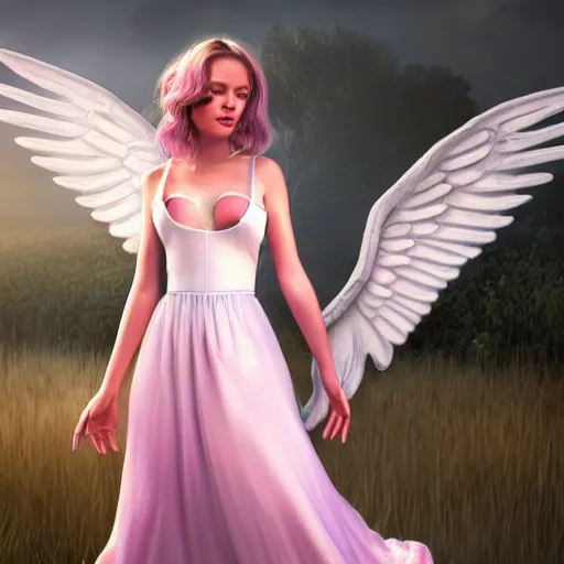Prompt: an angel with pink wings and white dress holding a wand, cenimatic lighting, hyper realistic, path tracing, fantasy art