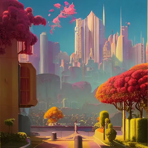 Image similar to a painting of an art - deco cityscape surrounded by flowers, a watercolor and matte painting by beeple and rhads and maxfield parrish, cgsociety, artdeco, utopia art, sci - fi, artstation hq