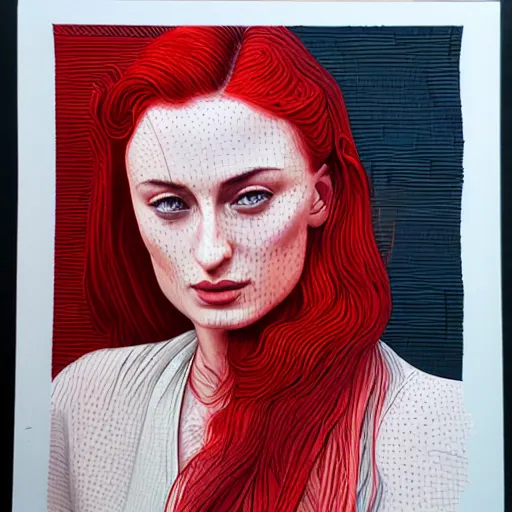 Prompt: sophie turner portrait in detail in block colour by james jean,