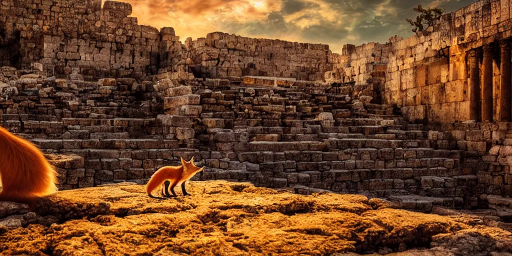 Image similar to A beautiful small fox in the huge ruins of the second temple in Jerusalem :: Dreamy sky :: The third temple hovers quietly in the sky above :: Very colorful painting 8k trending on art station :: Intricate details, very realistic, cinematic lighting, volumetric lighting, photographic blur bokeh defocus dof sky.