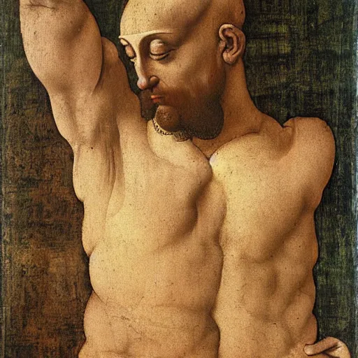 Image similar to a man with a lean body type, painting by Leonardo da Vinci