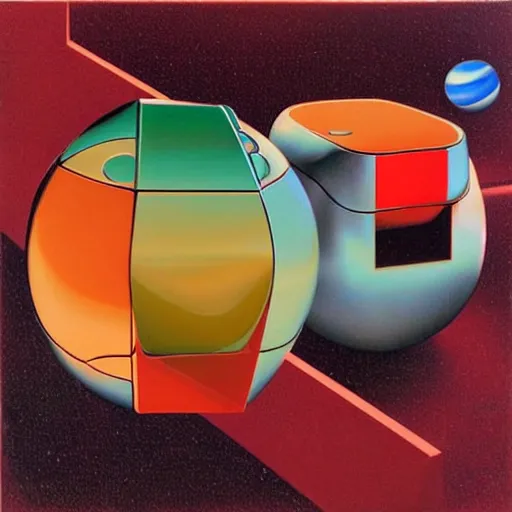 Prompt: chrome spheres on a red cube by roger dean