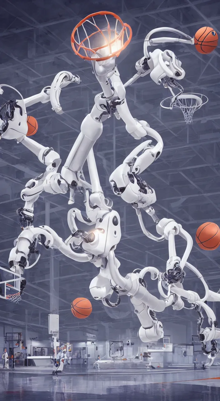 Image similar to three large white glossy kuka industrial robot arms playing basketball in a gym, global illumination, artstation, fantasy