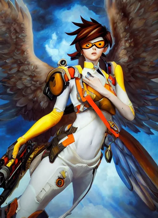 Prompt: full body oil painting of tracer overwatch in the style of sophie anderson, angel wings, dress garment, dramatic painting, wearing steel collar, symmetrical composition, ornate, high detail,