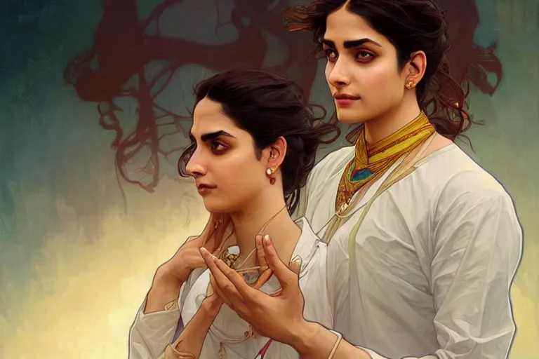 Image similar to Anxious good looking pale young Indian doctors arguing, portrait, elegant, intricate, digital painting, artstation, concept art, smooth, sharp focus, illustration, art by artgerm and greg rutkowski and alphonse mucha