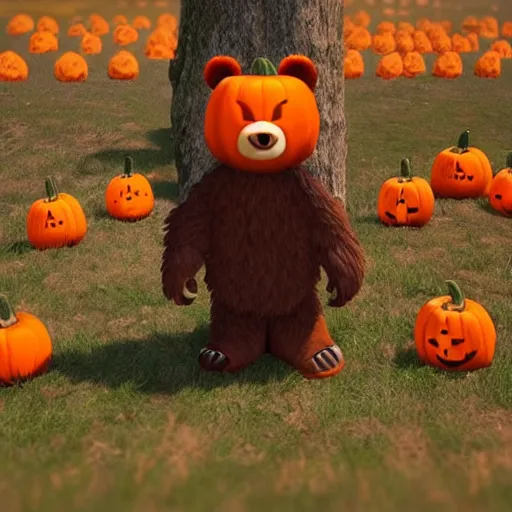 Image similar to a cute smiling bear made of pumpkins walking through the woods, unreal engine