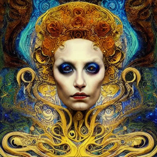 Prompt: Memento Mori by Karol Bak, Jean Deville, Gustav Klimt, and Vincent Van Gogh, beautiful visionary mystical portrait, otherworldly, fractal structures, ornate gilded medieval icon, third eye, spirals, ornate Neo-Gothic architecture