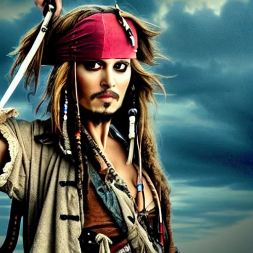 Image similar to Natalie Portman as Captain Jack Sparrow (Pirates of the Caribbean), dramatic cinematic portrait, rain