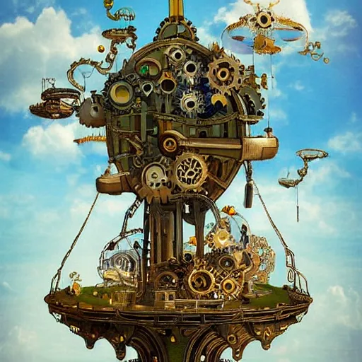 Image similar to flying city in a mechanical flower, sky, fantasy art, steampunk, masterpiece