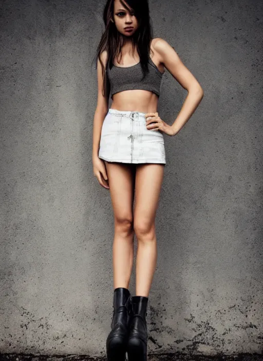 Prompt: clear face petite gorgeous young girl in mini skirt and crop top tank top, platform boots, beautiful face, intricate, extremely detailed, modeling photography, 8 0 mm camera, dramatic lighting, dark room, body and face