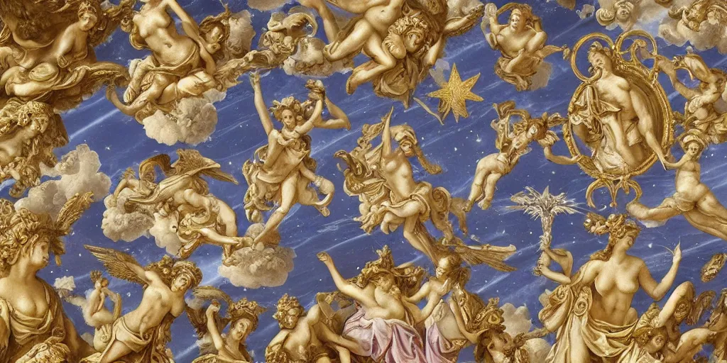 Prompt: Venus Athena beautiful gracious pagans baroque marble and gold in space sistina stars clouds winged butterflies greeks, baroque and rococo ornaments, decorative golden elements