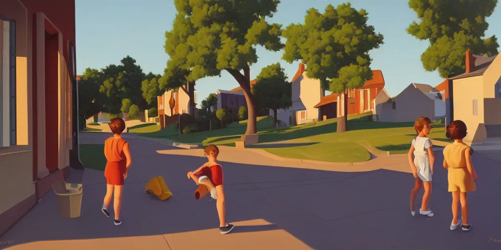 Image similar to quiet kids in the street, blue sky, summer evening, kenton nelson