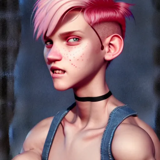 Image similar to full body pose, pixar, beautiful androgynous girl, pink pixie cut hair, torn overalls, short shorts, combat boots, fishnets, beautiful, highly detailed face, true anatomy!, extremely detailed!, digital painting, unreal engine 5, art by tom bagshaw