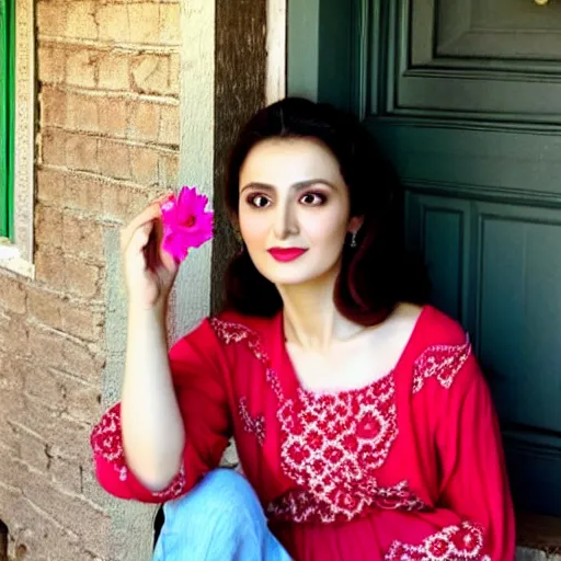 Image similar to a beautiful portrait of the turkish actress rabia soyturk, duy beni serial, sitting on the porch holding a flower, in front of the house