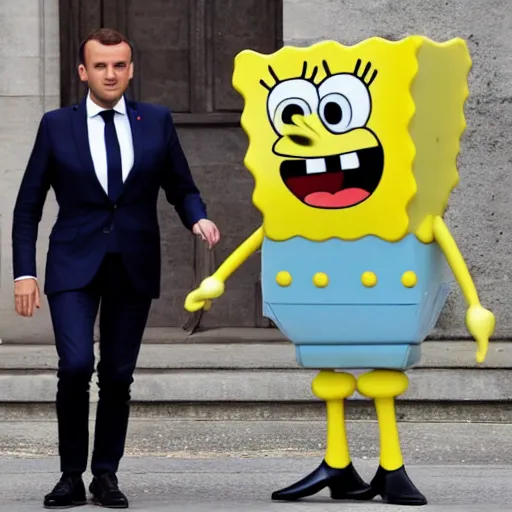 Image similar to French President Emmanuel Macron and Spongebob hanging out together, chilling