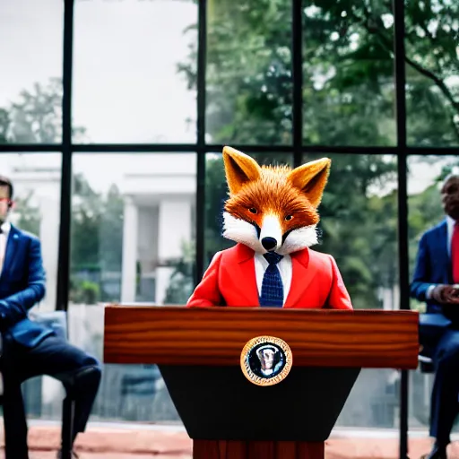 Image similar to a fox animal dressed in a suit giving a presidential press conference, 8 5 mm f / 1. 4