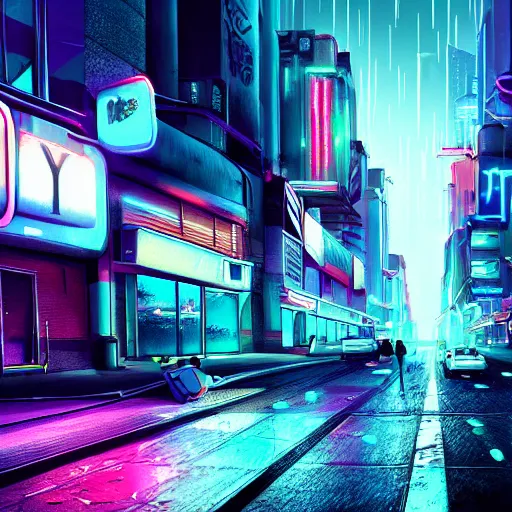 Image similar to sci-fi cyberpunk city street, billboards, neon holograms, neon signs, rainy night, dramatic lighting, cinematic, establishing shot, extremely high detail, photo realistic