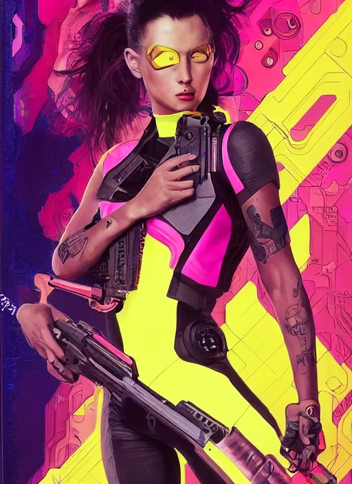 Image similar to beautiful cyberpunk female athlete wearing pink jumpsuit and yellow jacket. firing a futuristic red automatic pistol with huge magazine. ad for pistol. cyberpunk poster by james gurney, azamat khairov, and alphonso mucha. artstationhq. gorgeous face. painting with vivid color, cell shading. ( rb 6 s, cyberpunk 2 0 7 7 )