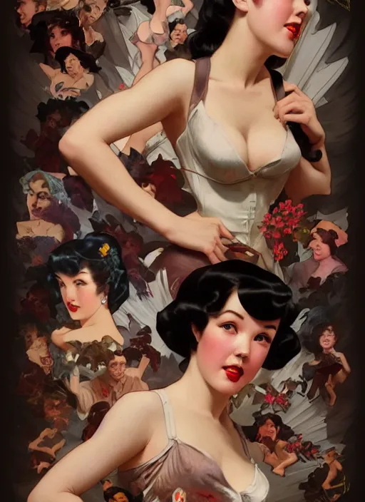 Image similar to intense fan art concept art by artgerm, tooth wu, bierstadt, gurney, stalenhag and alphonse mucha. an incredible collage of countless betty page pin up portraits, contour light effect!! 8 k, stage light. octane render. smooth. sharp edge. ultra clear detailed, full body various poses!!