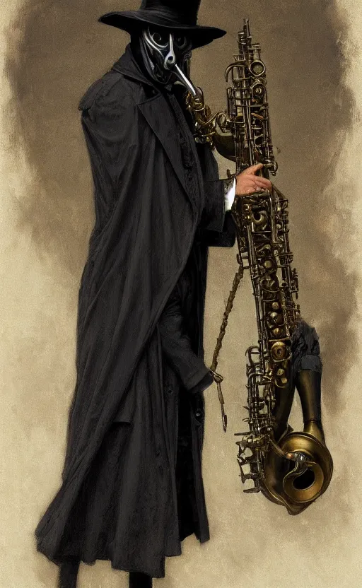 Prompt: portrait of man in black trench coat, holding an alto saxophone and wearing steam punk plague doctor mask and a black top hat, highly detailed, artstation, concept art, by krenz cushart and donato giancola and william adolph bouguereau and alphonse mucha,