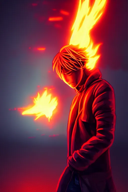 Image similar to character art by liam wong, young man, blonde hair, on fire, fire powers