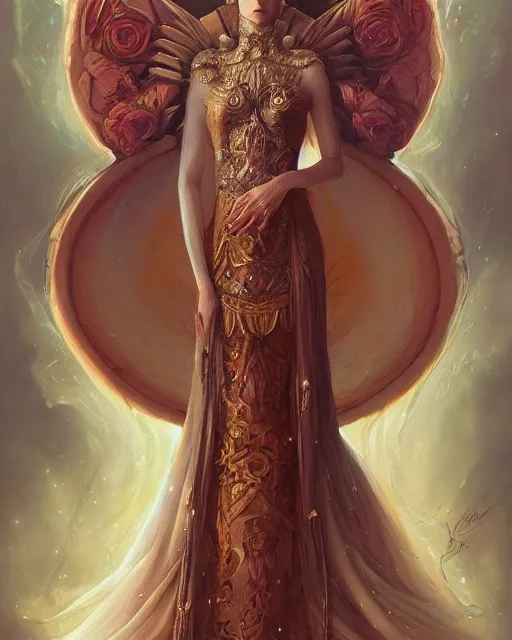 Prompt: full view Symbolic portrait of an ethereal Queen in a crown of sorrow wearing a ornate dress sitting on a throne by Anna Dittman and Jesper Ejsing, detailed and realistic, featured on Artstation, soft lighting, behance