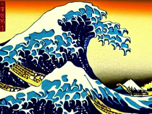 Prompt: the great wave off kanagawa in the style of nujabes