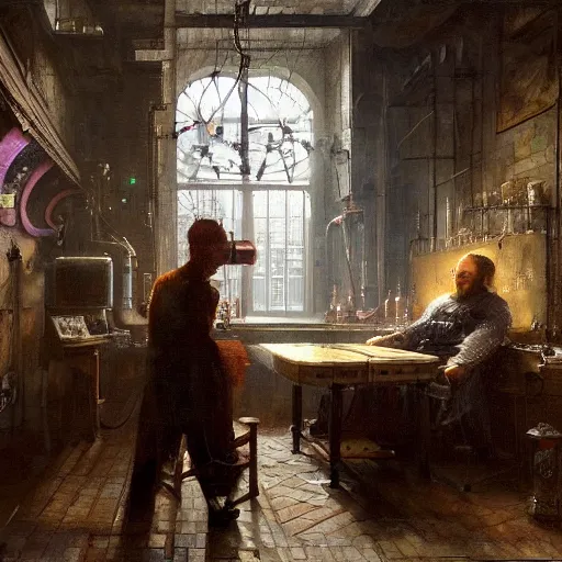 Prompt: pneumatic chemist gangsters working the air loom remote mind control machine in a london apartment, artstation marc simonetti andrei riabovitchev rembrandt 1 9 th century oil on canvas shimmer