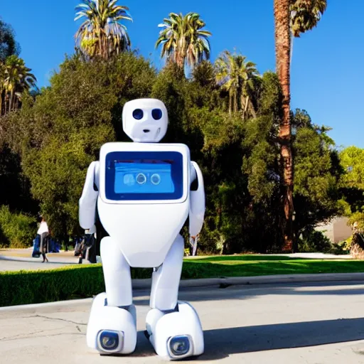 Prompt: LOS ANGELES CA, JUNE 7 2026: One of the most incredible helpful happy robots that emerged from the future-technology-portal.