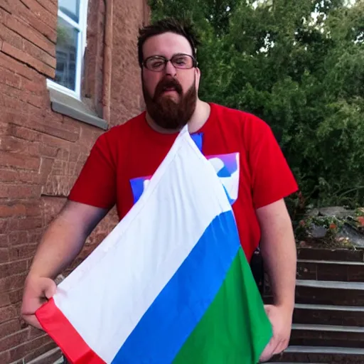 Image similar to Jeffy from super Mario Logan holding up a transgender flag