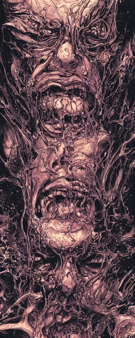 Image similar to closeup of face melting in agony, inside dark oil, frontal picture, by yoichi hatakenaka, masamune shirow, josan gonzales and dan mumford, ayami kojima