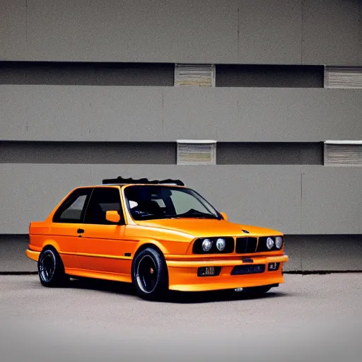 Image similar to orange bmw e 3 0 m 3, floating in outer space