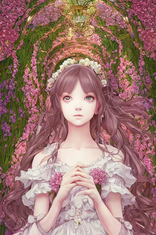 Prompt: a beautiful hyperdetailed portrait illustration of absolutely beautiful princess that wear rose flower wedding gothic lolita dress clothing stay in blooming flower house alone, finely detailed angelic face delicate features directed gaze, perfectly shaded, atmospheric lighting, style of studio ghibli, makoto shinkai, raphael lacoste, louis comfort tiffany, artgerm, james jean, ross tran