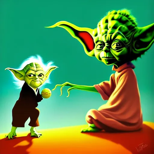 Image similar to curled perspective digital art of curly brown hair girl playing ball with yoda by anton fadeev from nightmare before christmas