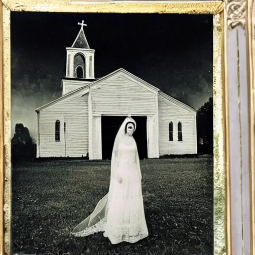 Image similar to picture of ghostly bride in front of an old wooden white church, 1 9 th century southern gothic scene, taken by crewdson, gregory