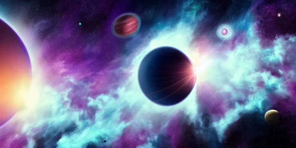 Image similar to an image of two planets with beautiful swirling purple clouds in the background. one planet is earth - like. a digital rendering, magnificent space art, pixabay contest winner. uhd image from space engine. extremely high fov.