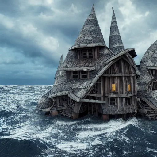 Image similar to a witches house on the ocean, epic scene, fantasy, redshift render, cgi, hyper - detailed, photo - bash, 8 k post - production, masterpiece