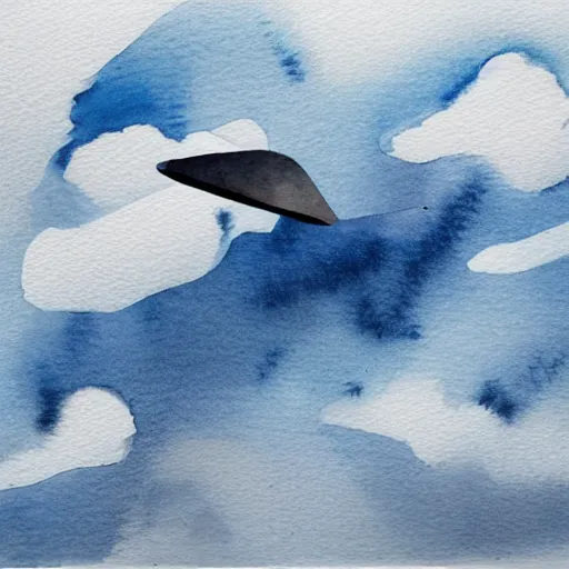 Image similar to high - angle view, from 1 0 0 0 feet in distance, vague uap interstellar vehicle on top of dramatic moody clouds in the sky, muted ink and pearlescent paint. watercolor. minimalist, detailed, muted colors. ue 5