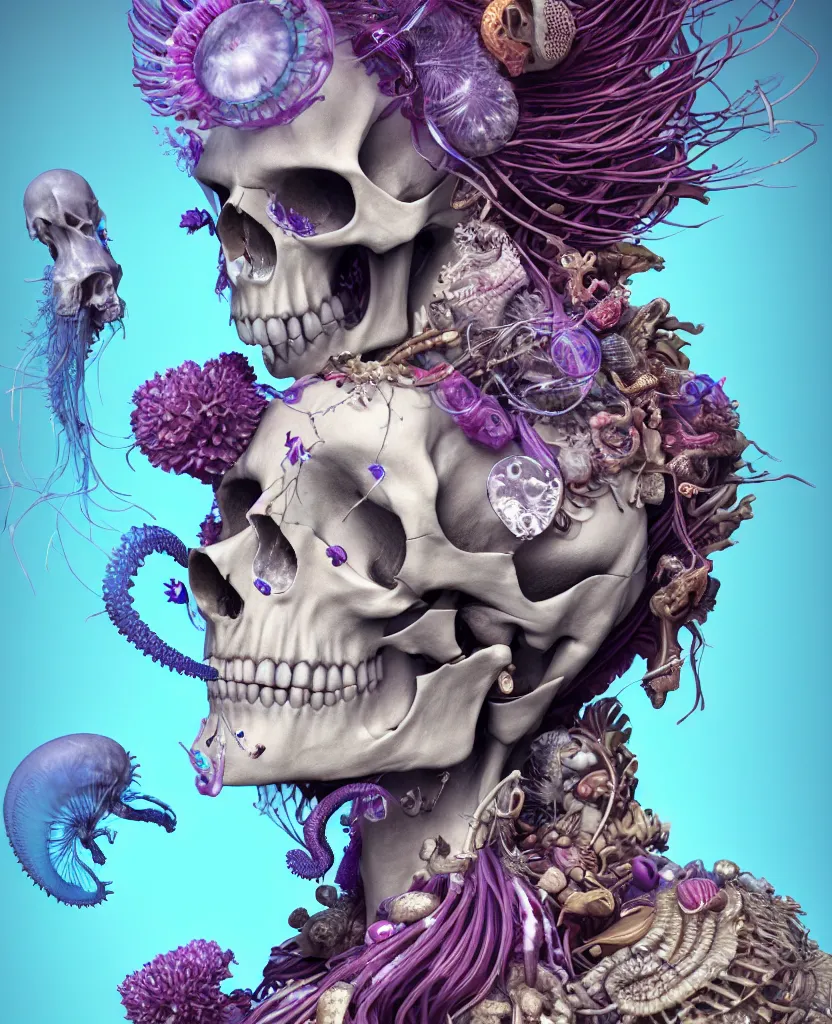 Image similar to goddess close-up portrait skull with mohawk, ram skull, skeleton, thorax, x-ray, backbone, jellyfish phoenix head, nautilus, orchid, skull, betta fish, bioluminiscent creatures, intricate artwork by Tooth Wu and wlop and beeple. octane render, trending on artstation, greg rutkowski very coherent symmetrical artwork. cinematic, hyper realism, high detail, octane render, 8k