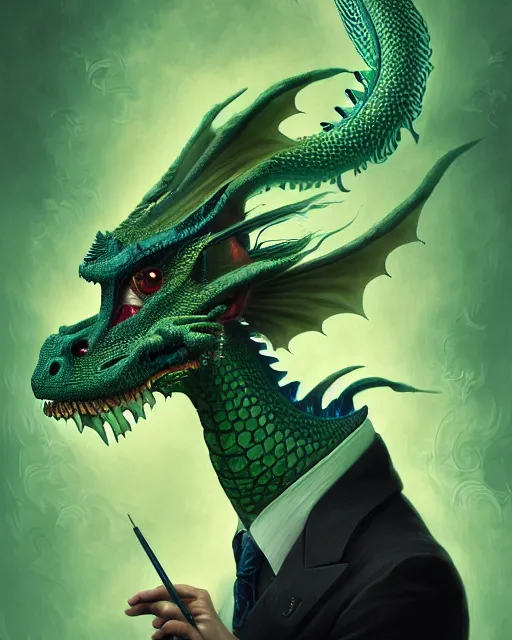 Image similar to anthropomorphic art of a businessman dragon, green dragon, dragon head, portrait, victorian inspired clothing by artgerm, victo ngai, ryohei hase, artstation. fractal papers and books. highly detailed digital painting, smooth, global illumination, fantasy art by greg rutkowsky, karl spitzweg