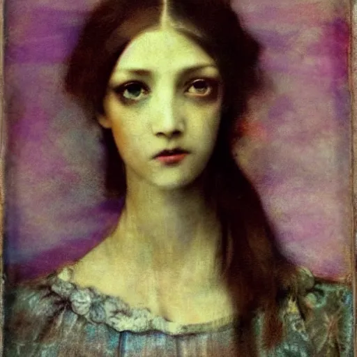 Image similar to a beautiful young lady with huge bright silver eyes, colored vintage daguerreotype by pontormo, by gustave moreau, by Mackintosh, art noveau, highly detailed, strong lights, liminal, eerie, Bright pastel colors