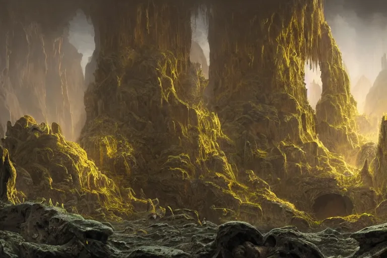 Image similar to A hyper realistic detailed matte painting of the entrance to a dungeon of the maw at the base of a psychedelic monolith, dramatic lighting, dynamic lighting, cinematic lighting, lit by morning light, by Raphael Lacoste and John Howe and Jonathan Berube, unreal engine, featured on artstation, ultrawide angle, polarizer filter, crowd of mushrooms