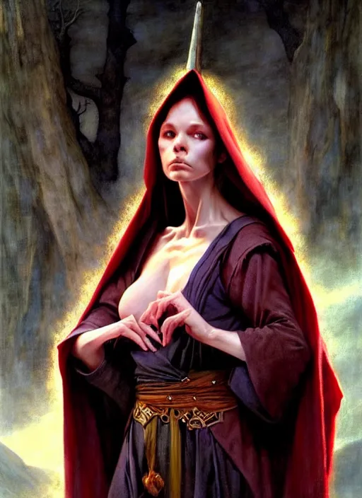 Prompt: female wizard, robes, full body, hyper realistic, extremely detailed, dnd character art portrait, dark fantasy art, intricate fantasy painting, dramatic lighting, vivid colors, deviantart, artstation, by edgar maxence and caravaggio and michael whelan and delacroix.