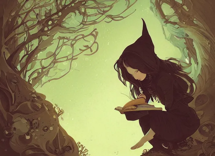 Prompt: highly detailed portrait of a little witch opening a book art by ghailan, james gilleard, by joe fenton, by greg rutkowski, by greg tocchini, by kaethe butcher, 4 k resolution, gradient yellow, black, brown and cyan color scheme, grunge aesthetic!!!