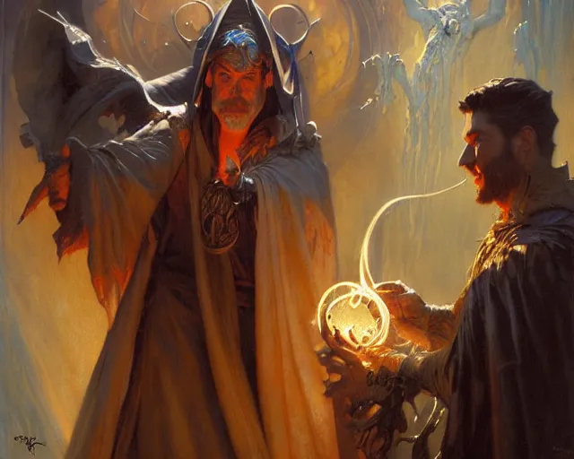 Image similar to attractive wizard man, casting dark magic, summoning a handsome demon. highly detailed painting by gaston bussiere, craig mullins, j. c. leyendecker 8 k